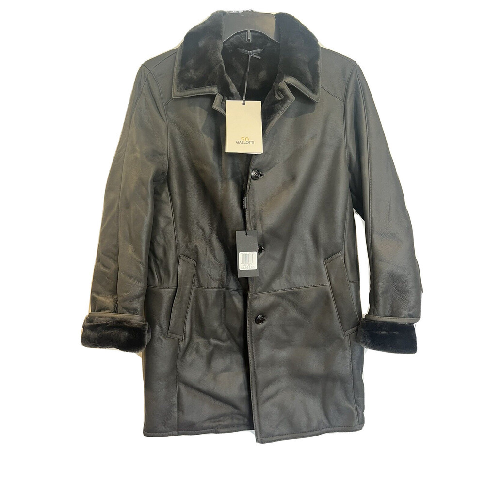 Gallotti Men's Black Leather Shearling Fur-Lined Jacket Coat Eu 54 US 44